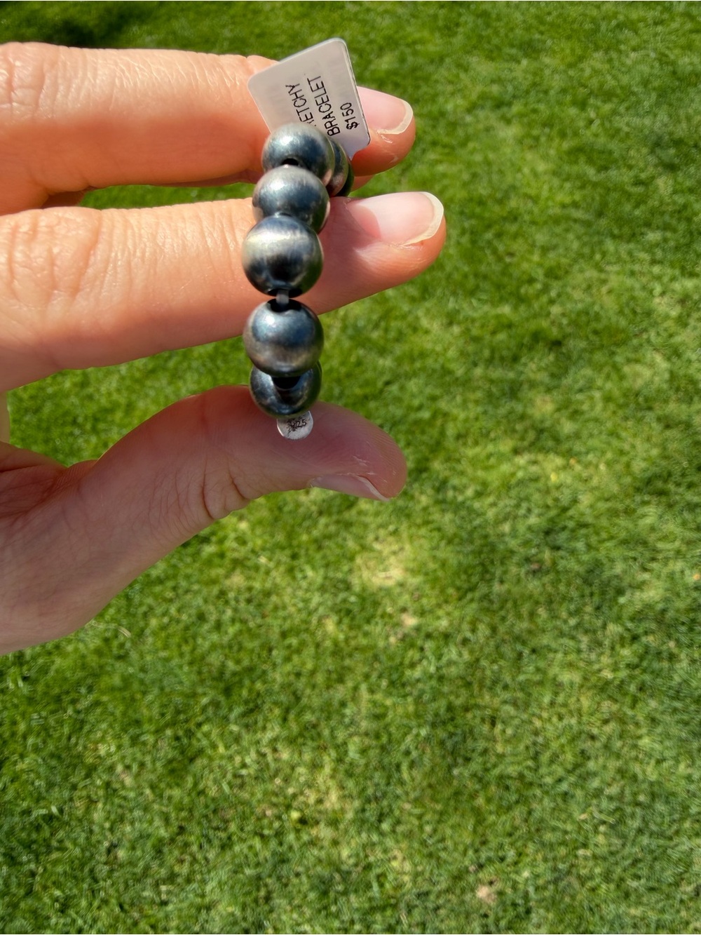 Navajo Sterling Silver Pearl Beaded Stretch Bracelet - 8mm NWT - Picture 5 of 5
